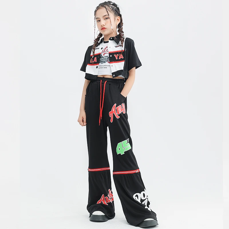 

Детская одежда Kpop, одежда для подростков в стиле хип-хоп, укороченная футболка, уличная одежда, Мешковатые Черные Брюки для девочек, костюм для джазовых танцев, одежда для шоу