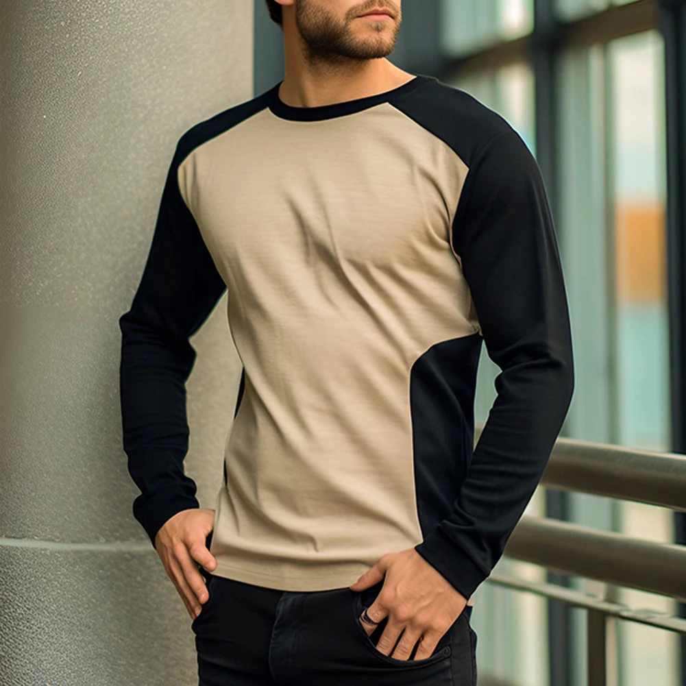

Casual Autumn Spring Color Blocking T-Shirts Slim Fit Long Sleeve O Neck Breathable Tee Top Contrasting T Shirt Clothing For Men