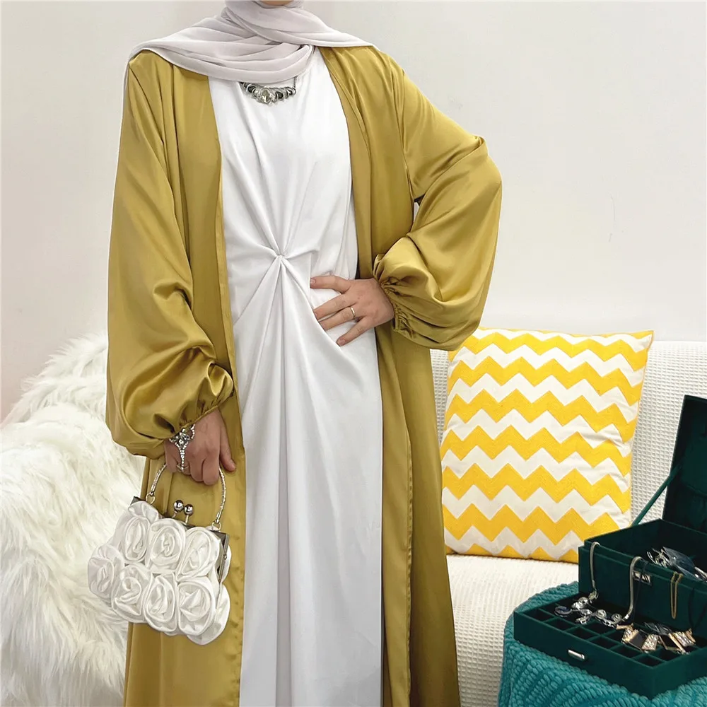Summer Satin Kimono Abaya Dubai Turkey Puff Sleeve Open Abayas for Women Plain Muslim Hijab Dress Islam Modest Outfits Kaftan