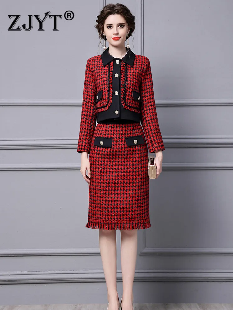 

ZJYT Autumn Winter Houndstooth Tweed Woolen Jacket and Skirt Set 2 Piece for Women Office Vintage Outfits Elegant Dress Suit