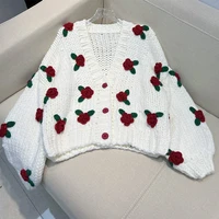 2022 autumn and winter new knit cardigans womens three dimensional flower thick stick knitted cardigan girls lady sweater coat