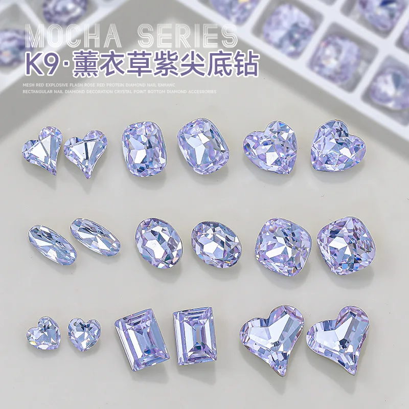 

10pcs Nail Rhinestone K9 Crystal Lavender Light Purple Spring Luxury Pointed Bottom Twisted Heart Diamond Nail Art Decorations