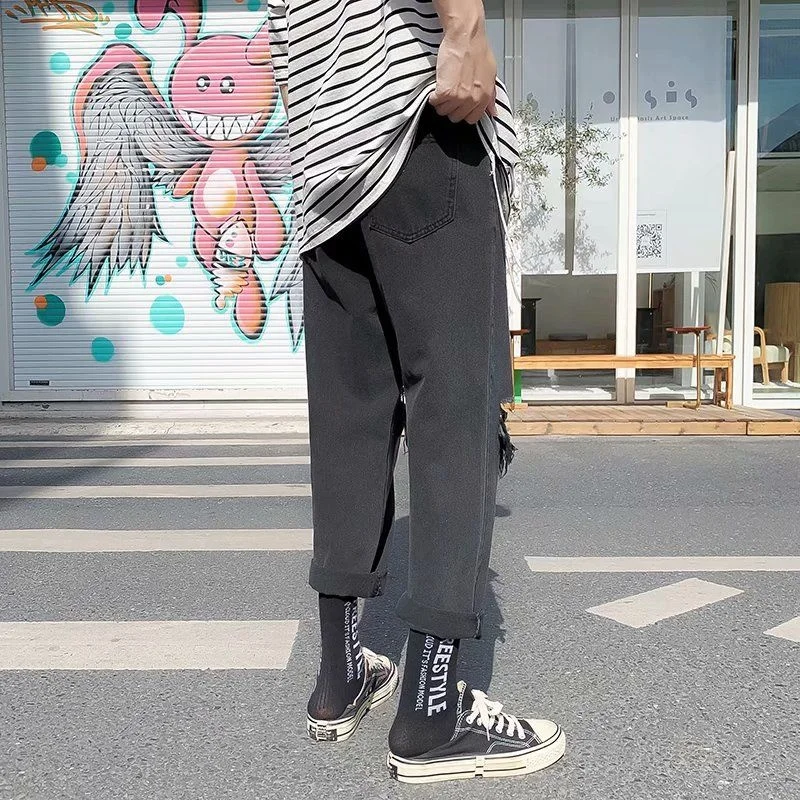 Summer Blue/Black Ripped Jeans Men Fashion Casual Straight Jeans Men Streetwear Loose Hip Hop Hole Denim Pants Mens Trousers