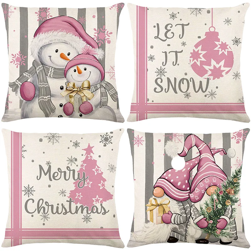 

Christmas Cushion Cover 45×45cm Xmas Throw Pillow Covers Christmas Cartoons Pink Snowman Pillowslip Home Decor Pillowcase