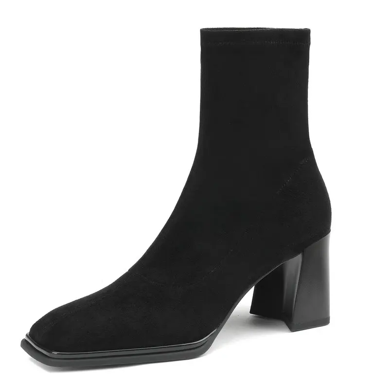 

Elegant Women Sliop-On Sock Ankle Boots Dress Office Ladies Genuine Leather Thick High Heels Shoes Autumn Winter