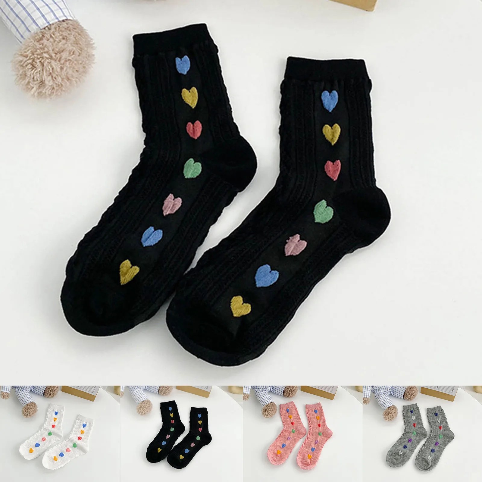 

Новинка весна-осень, повседневные милые женские носки в Корейском стиле Харадзюку С мультяшным сердцем, радужным цветом, милые короткие нос...