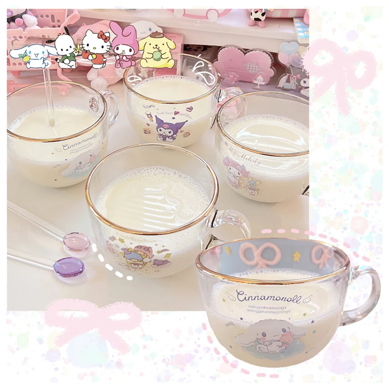 Kawaii Handle Glass Breakfast Cup My Melody Cinnamoroll Kuromi Littletwinstars Anime Figures Breakfast Cereal Bowl Spoon Gift