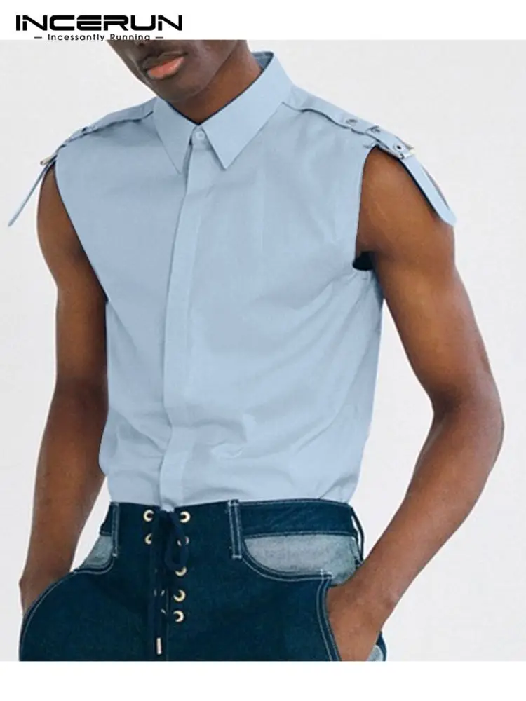 

INCERUN Men Shirt Brand Solid Color Lapel Sleeveless Streetwear Fashion Casual Camisa Masculina 2022 Button Leisure Tops S-5XL