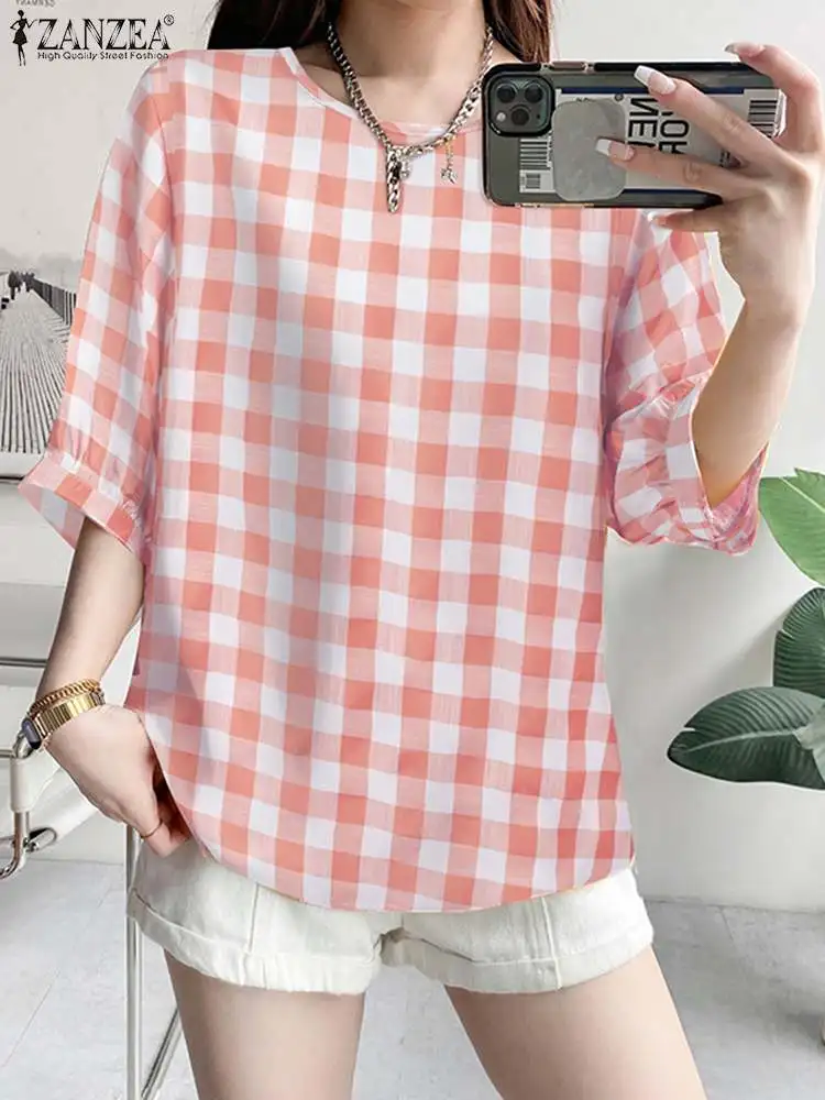 

Женская летняя рубашка ZANZEA в клетку, осень 2022, блузка с пышными рукавами, модные топы с круглым вырезом, повседневные свободные женские туни...