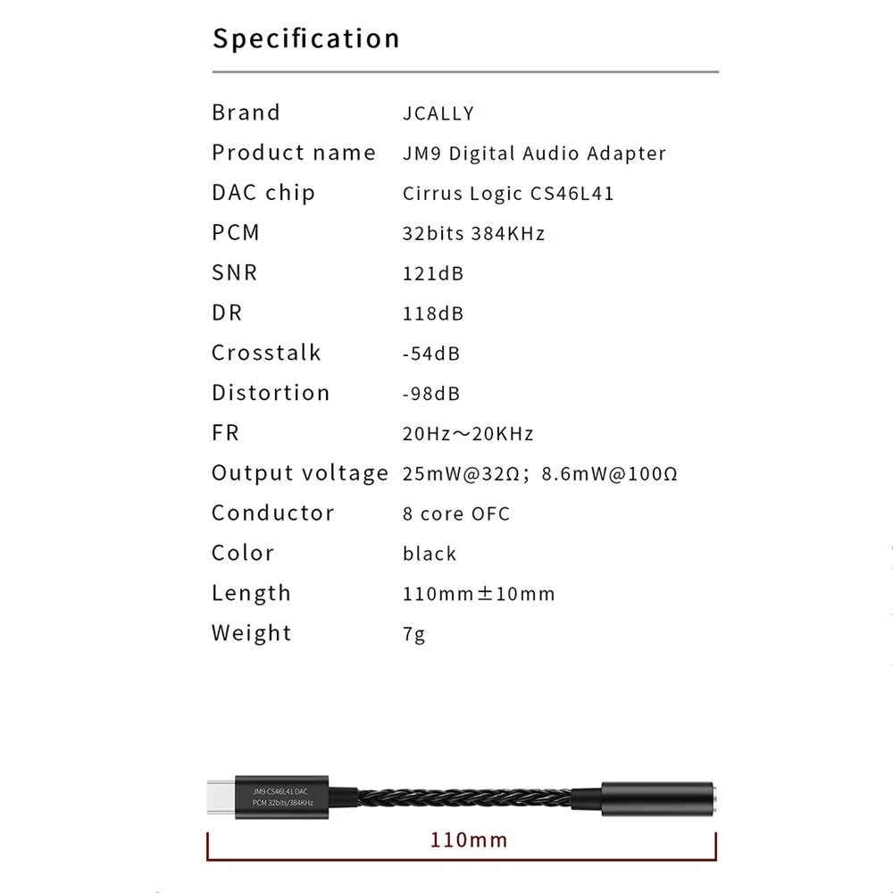 Кабель-переходник jмелак JM9 Type-C на 3,5 мм, чип ЦАП CS46L41 для Android, адаптер для наушников высокого разрешения, поддерживает PCM 384 кГц32 бит и звонки (art.: 3920c1b6c19a9) - 3920c1b6c19a9