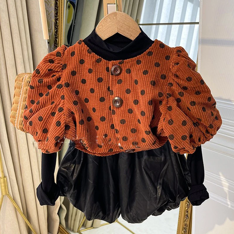 

Girls Fashion Polka Dots Clothes Sets Spring Autumn Baby Girl Orange Caot High Collar Bottoming Shirt Shorts 3 Piece 3-8Y Ropa