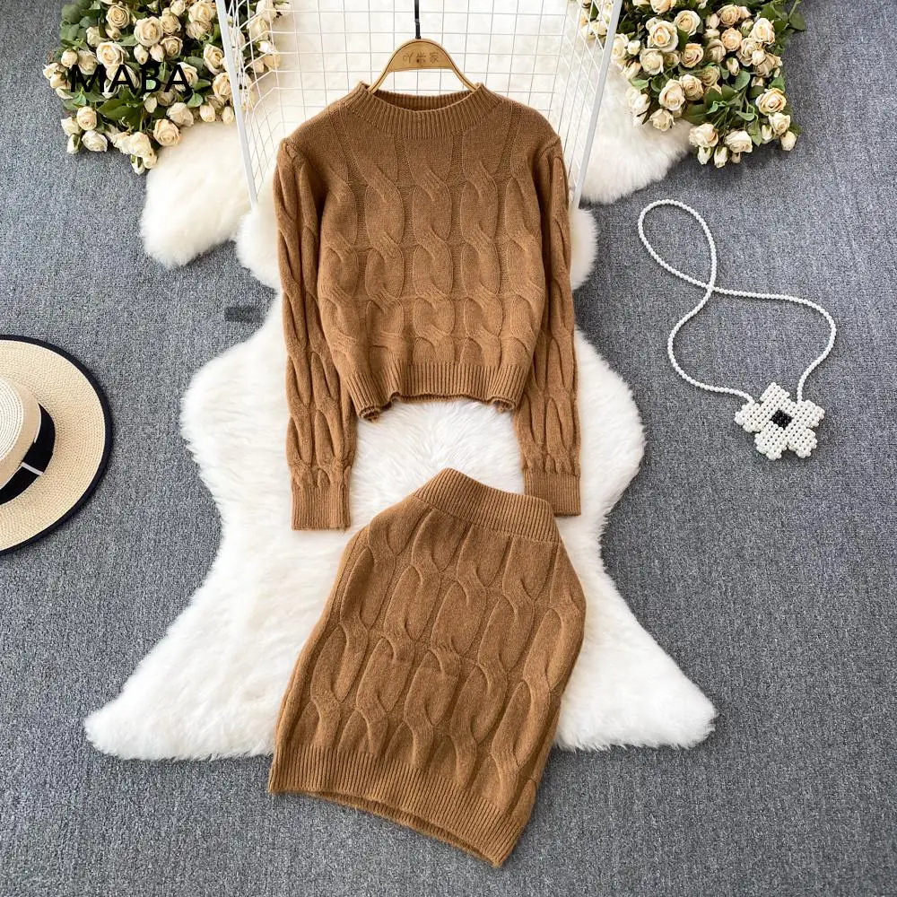 

2023 Autumn Knitted 2-piece Set Women Solid Casual Pullover Sweater Tops+mini Bag Hip Knitted Skirt Korean High Street Outfits