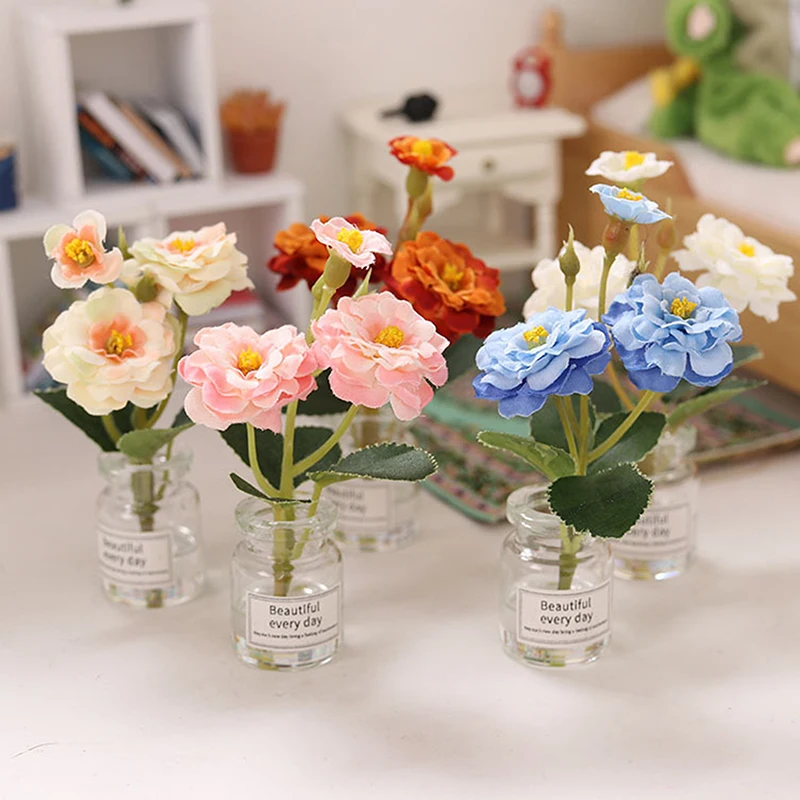 

1:12 Dollhouse Miniature Glass Bottle Plant Rose Laurel Potted Flower Furniture Scene Toy Doll House Decor Accessories