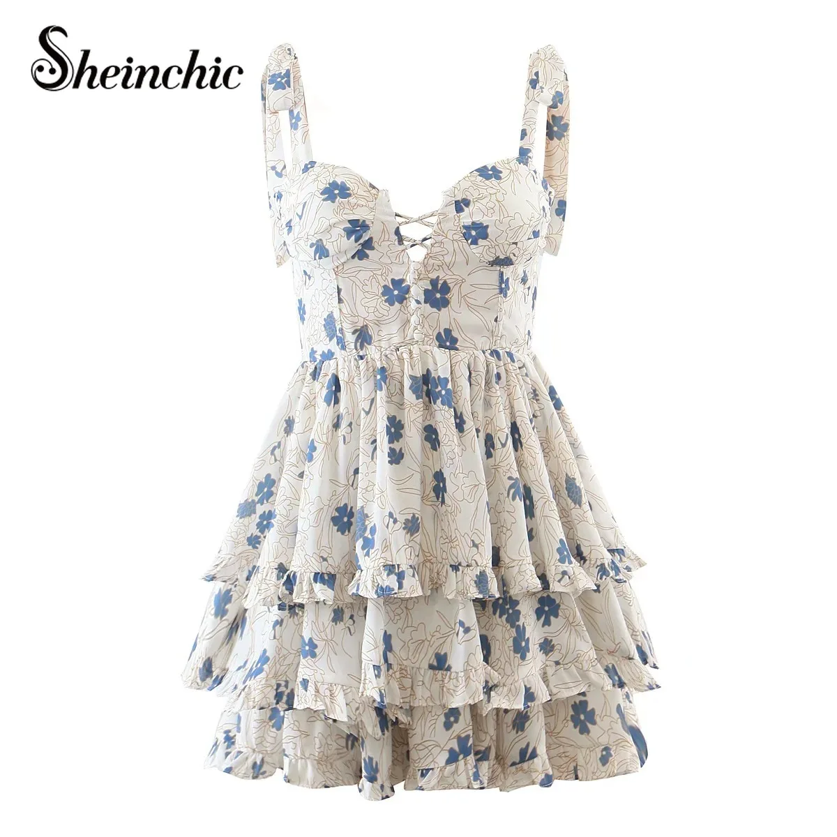 

Elegant Blue Flower Printed Dresses for Women 2022 Summer Boho Spaghetti Strap Beach Dress Chiffon Vestidos Mujer
