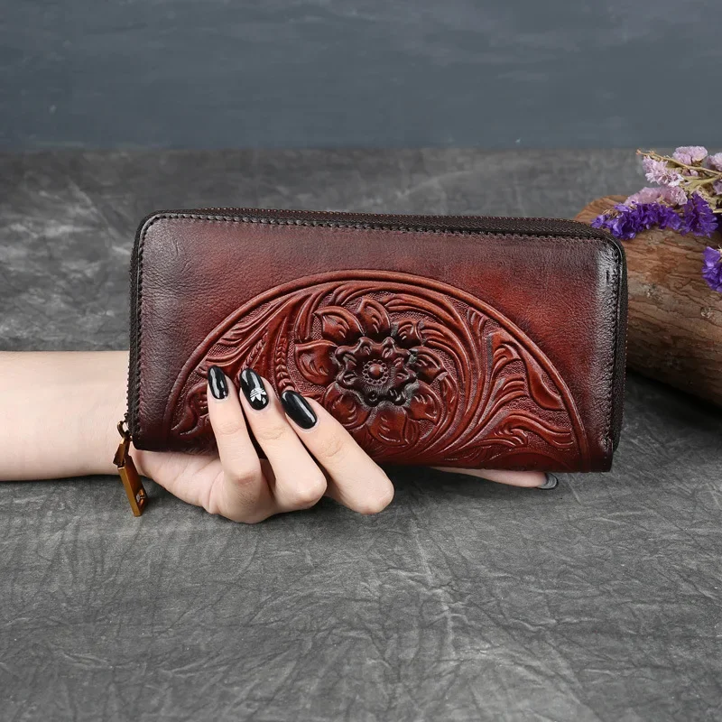 

Women's Leather Wallet Long New Style Clutch Vintage Purses Card Holder Embossed Mobile Phone Bag
