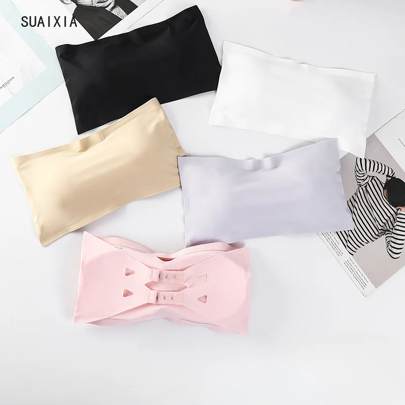 

Summer Ice Silk Traceless One Line Shoulder Strap Back Bra Small Chest Anti Strapping Wrap Chest Girl Wear Chest Padded Bra