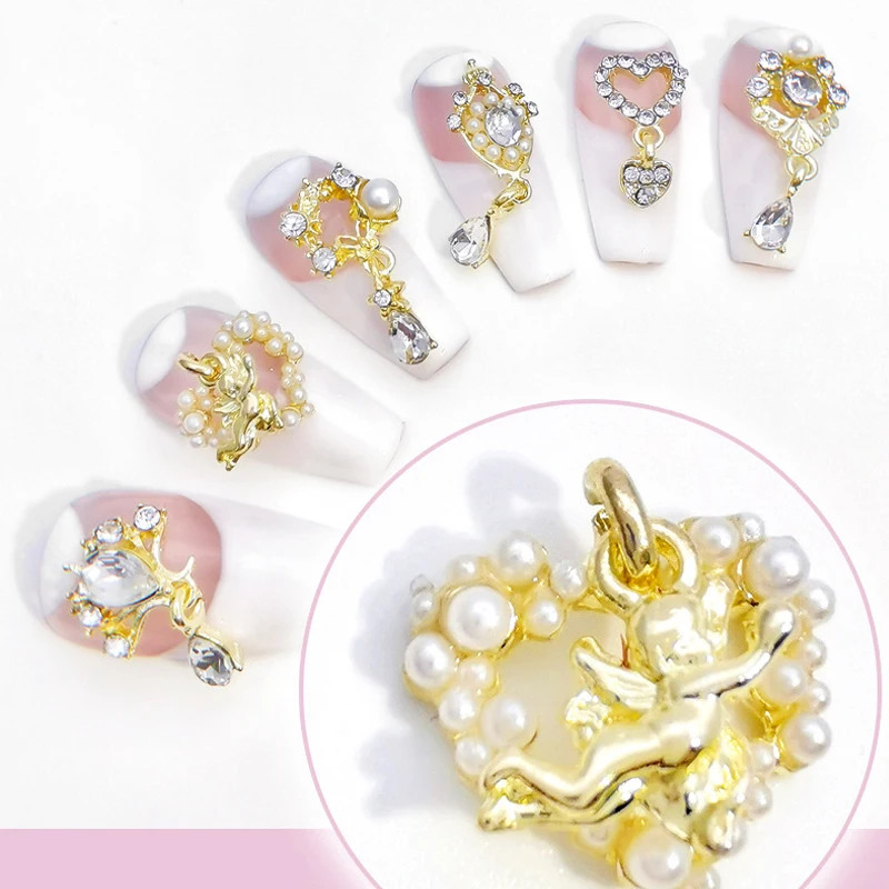

10pcs 3D Dangle Nail Charms Heart/Angel Wings Pearl Crystal Rhinestones Gems Nail Decoration Jewelry Luxury Manicure Accessories
