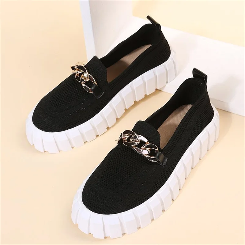 Black Women's Chain Loafer Flats Women Round Toe Slip on Mesh Sneaker Casual Shoes Fabric Flats Breathable Comfy Walking Shoes