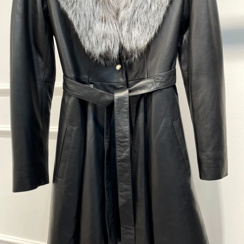 Sheepskin Luxury Long Leather Ladies Black Jacket New 2022 Winter Collection Vintage Warm Coat with Belt for Women
