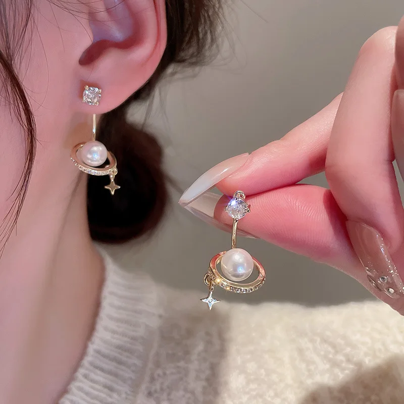 

Korean Silver Needle Zircon Pearl Planet Earrings Women's Fashion Design Earrings Temperament Versatile Star Earrings Earrings