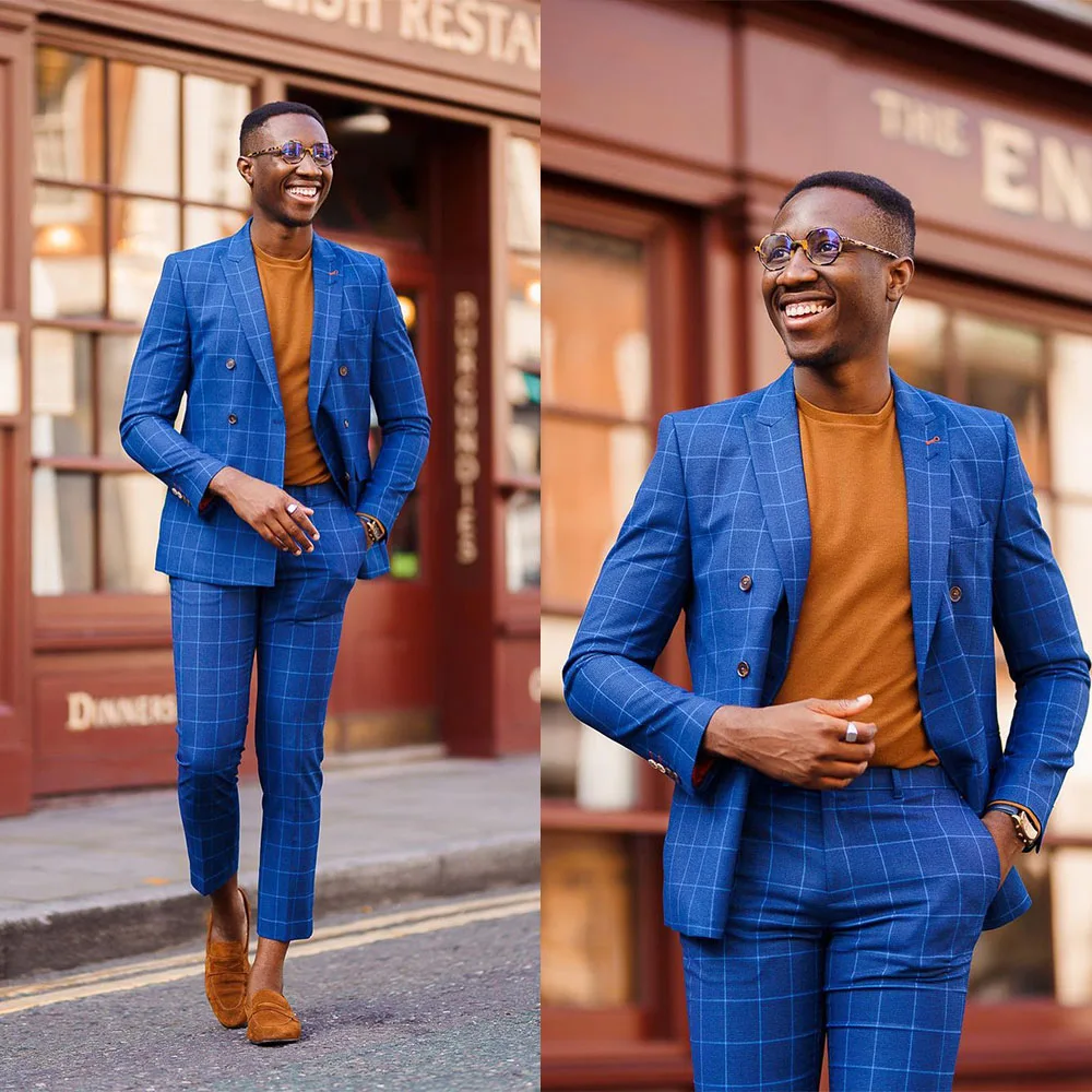 

Dark Blue 2 Pieces Plaid Men Suit Blazer Jacket Pants Double Breasted Business Fashion Work Formal Causal Daily Prom Tailored