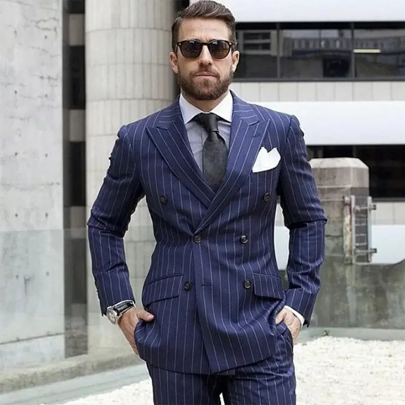 

Gwenhwyfar Fall 2022 Tailored Male Peak Lapel Double Breasted Pinstriped Suit for Men Wedding Business Tuxedo Groom Prom Dress