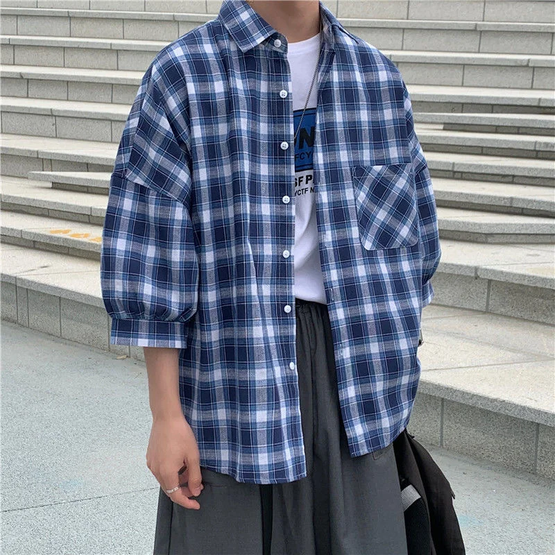 Summer 3 Color Short Sleeve Shirt Men Fashion Retro Plaid Shirt Mens Japanese Streetwear Pocket Loose Casual Shirt Men M-2XL