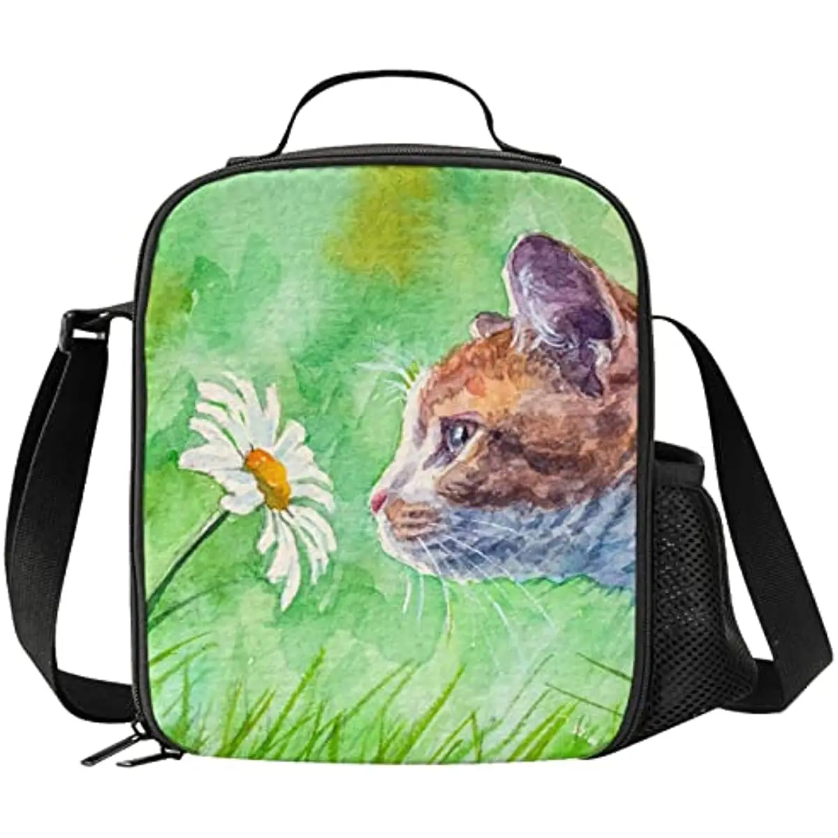 

Cat Spring Flowers Kids Insulated Lunch Bag Small Cute Thermal Tote Bag with Water Bottle Holder Shoulder Strap for Teens
