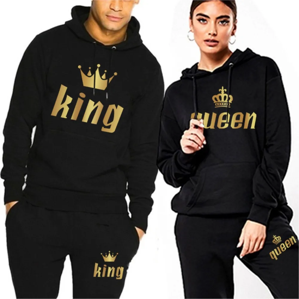 

KING And QUEEN Printed Hooded Suits Fashion Long Sleeves Autumn Winter Couple Hoodie + Pants 2-Piece Suit