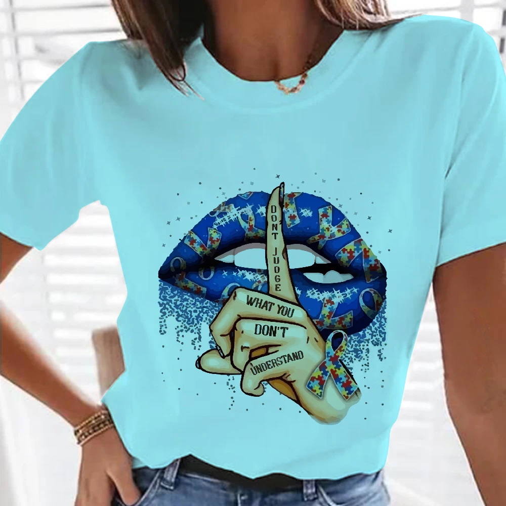 

Summer Short Sleeve Casual Sweet Women Fashion Graphic Tee T-shirts Female T Shirt Clothes Watercolor Lip Letter Trend Clothing