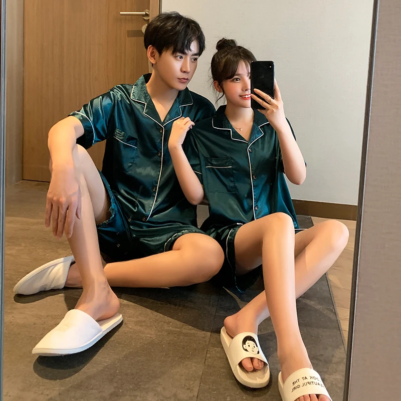 CAIYIER Summer Solid Color Silk Lover Nightwear Short Sleeve Casual Family Sleepwear Men & Women Couple Lounge Wear Pijama Set