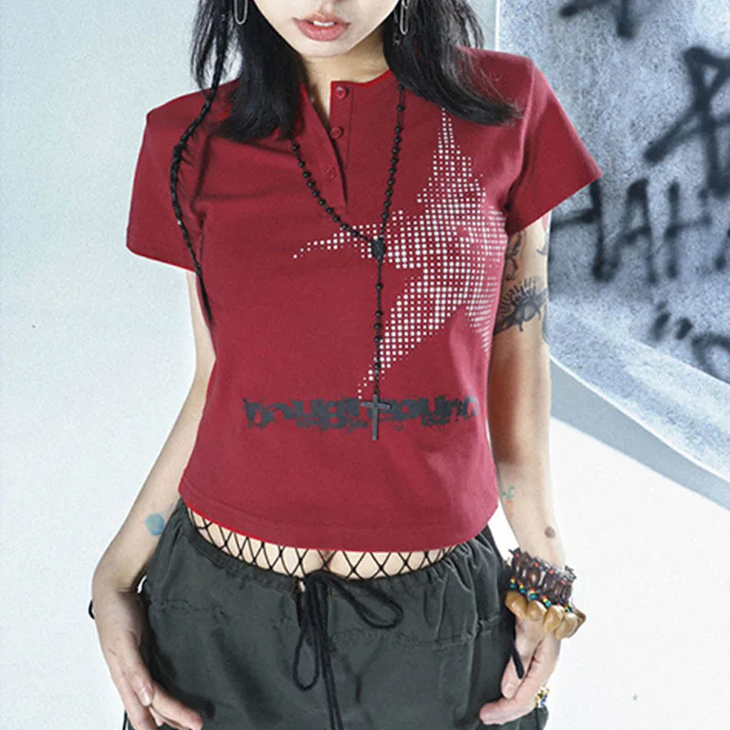 

Y2k Vintage Star Print Red Tee Shirt Summer E-Girl Slim Fit Short Sleeve T-shirt Grunge Aesthetics O-neck Button Tops Women