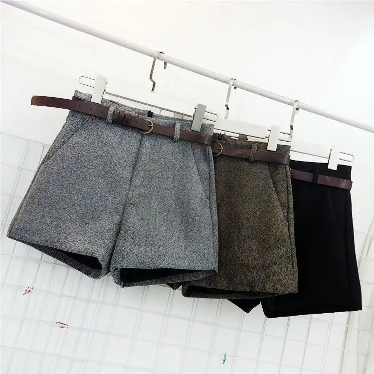 

Autumn Winter Formal Shorts Women Korean High Waist Thick with Sashes Wide Leg Shorts Female Gray Black Green Casual Bottom