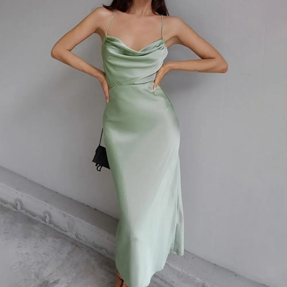 

Sexy Satin Backless Bandage Ruched Women Solid Dress Sleeveless Spaghetti Strap Dress Ladies Summer Skinny Streetwear Vestidos