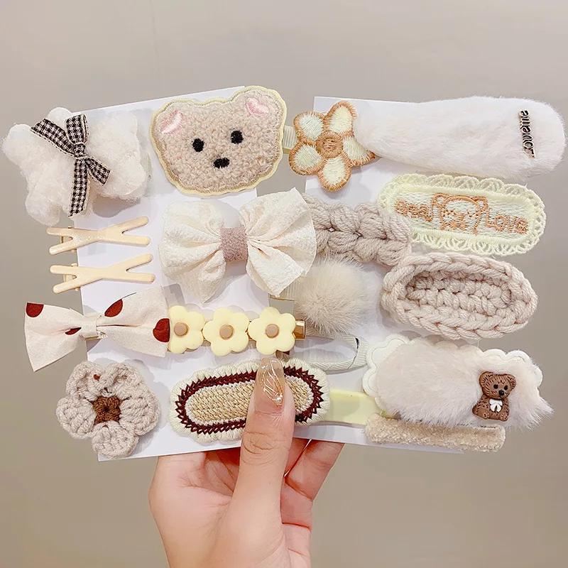

New Autumn and Winter Milk Coffee Color Plush Hair Clip Set Cute BearSide Clip Girl HairClip Broken HairBangs ClipHeaddress Girl