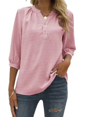 Women Blouse Solid Shirt V-Neck Half Sleeve Chiffon Casual Tops for Summer