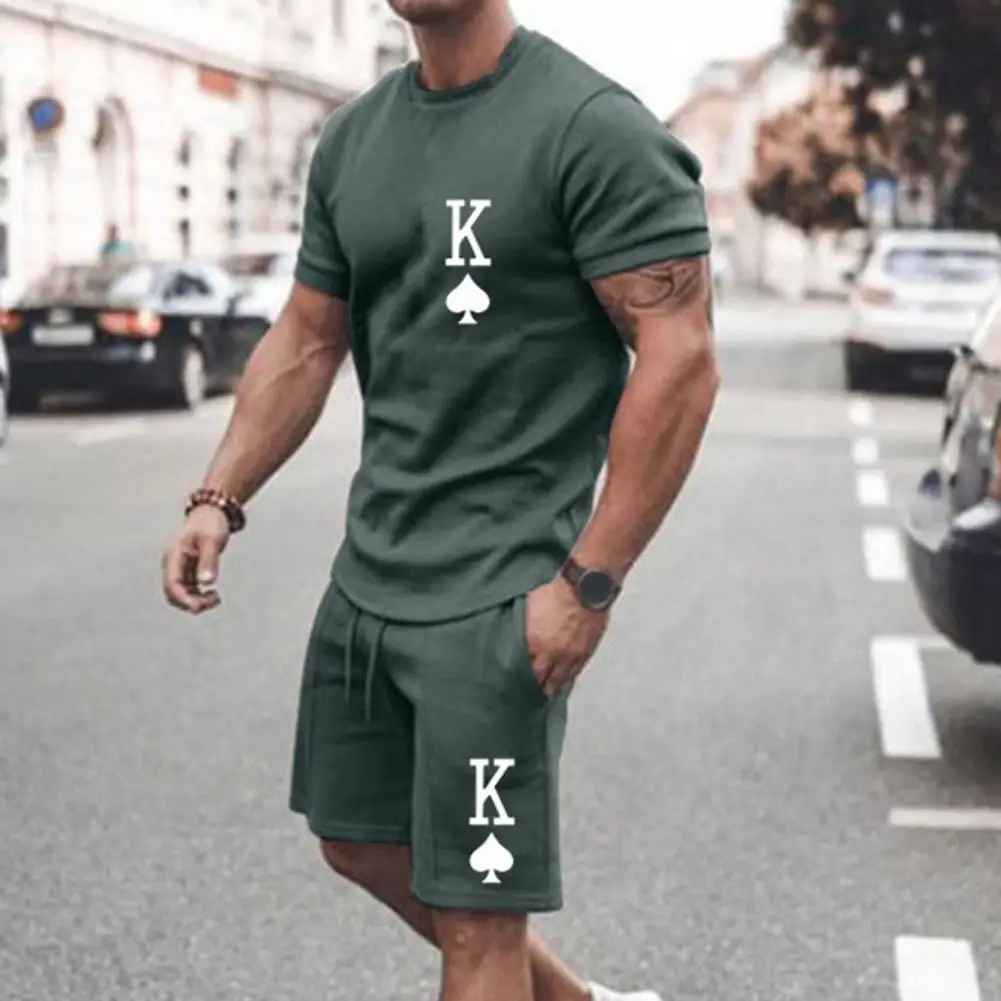 

Elastic Waist 2Pcs/Set Stylish Letter K Printing Men T-shirt Shorts Set Activewear Sports Suit Pockets for Gym