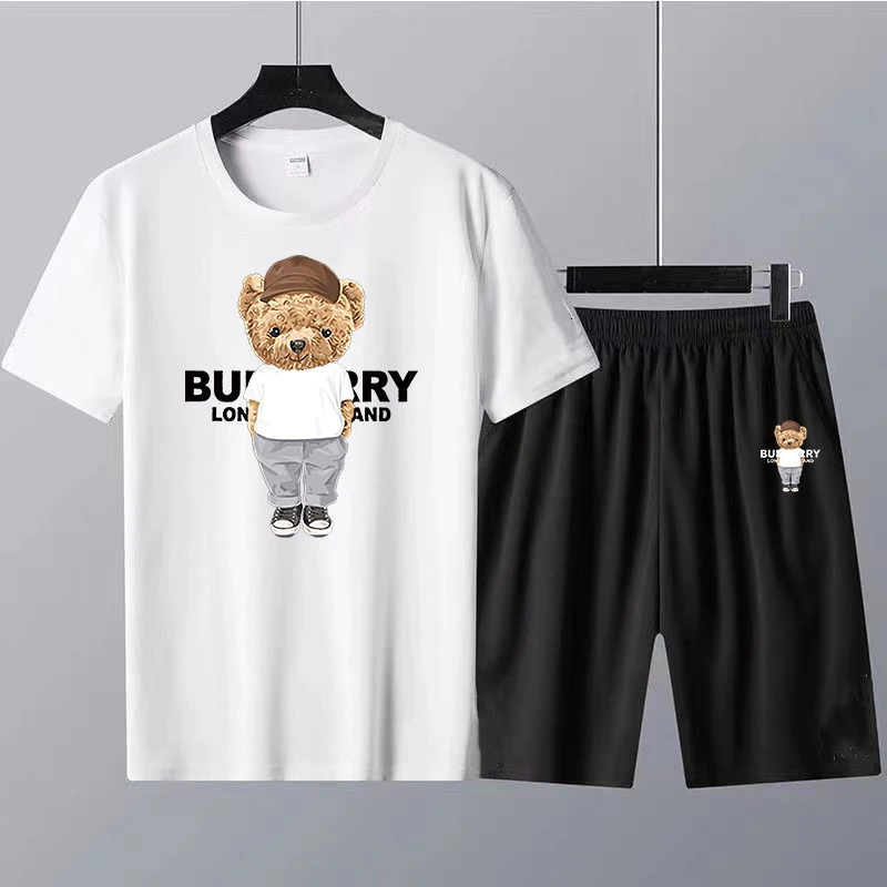 Summer Luxury Brand Men Shorts and T Shirt Set 100% Cotton T-Shirt Cute Bear Print 2 Piece Suit Women's Tracksuit Free Shipping
