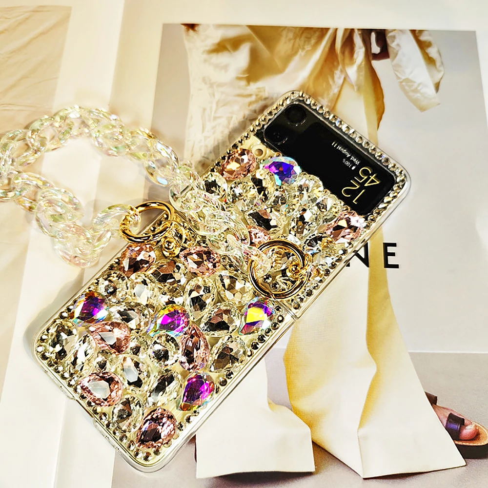 

Glitter 3D Color Diamond Clear Chaining Phone Case For Samsung Galaxy Z Flip4 Z Flip3 Z Flip Luxury Bling Transparent Back Cover