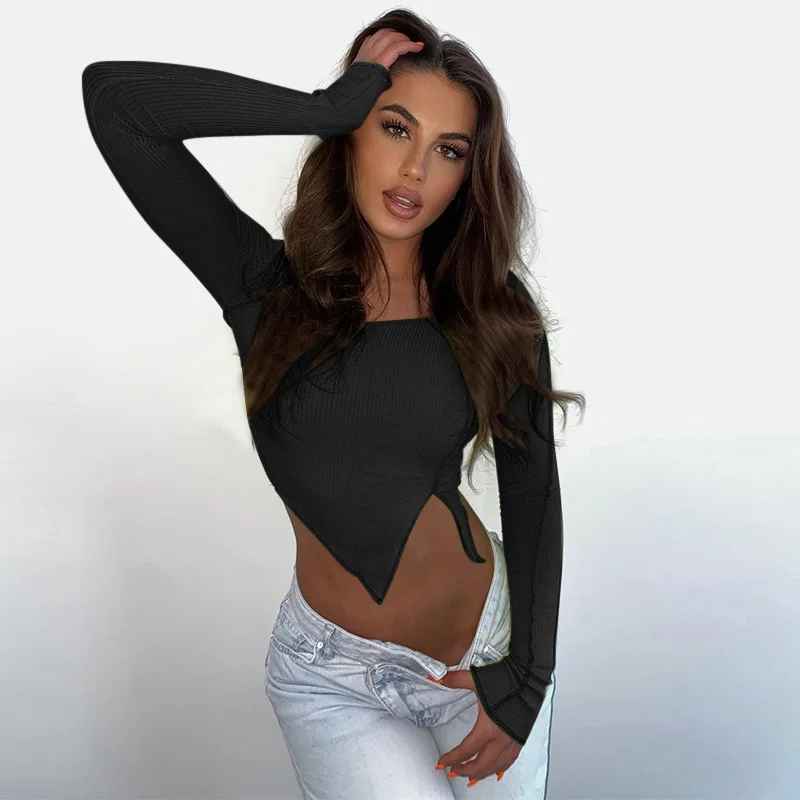 

2022 Spring and Summer New European and American Foreign Trade Personalized Slim Crop Tops Irregular Hem Tops Free Shipping