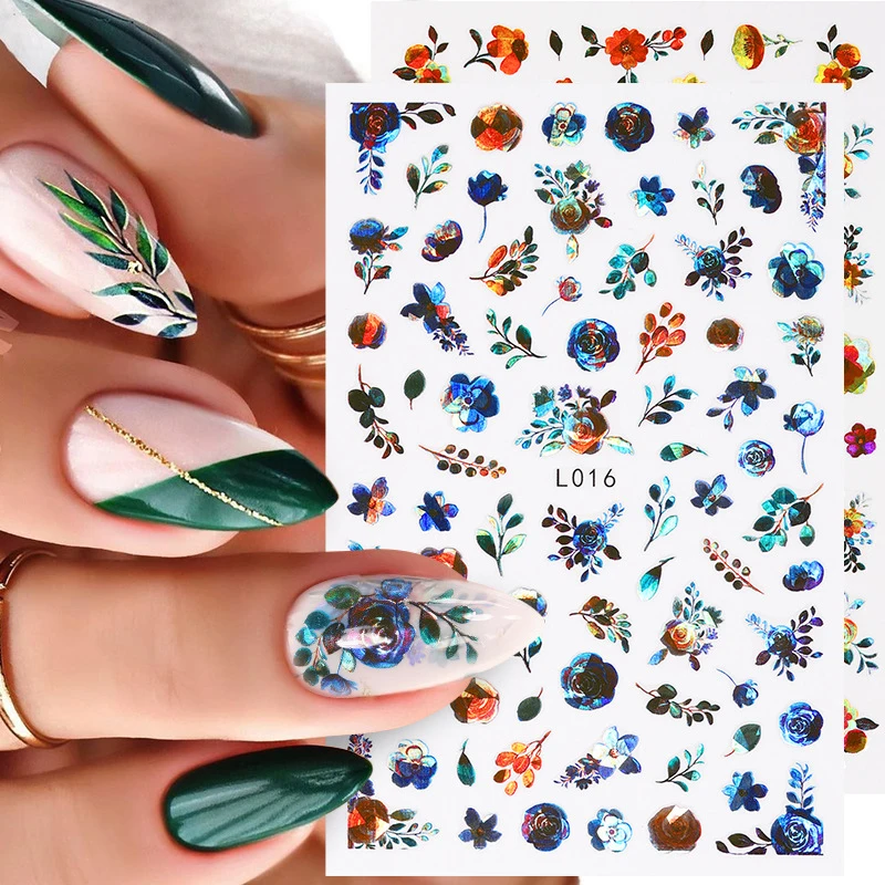 

Laser Leaf DIY Nail Stickers Holographic Dried Flower Lucky Clover Fire Flame Star Gradient Slider Gel Polish Decor Foil