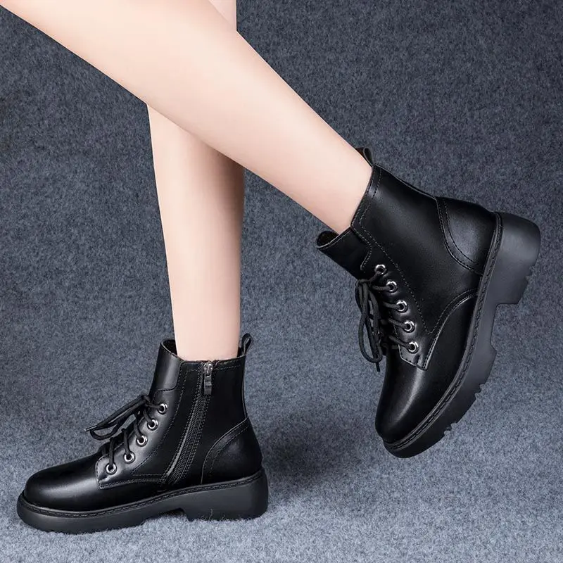 2022 New Arrival Women Black Booties Mid-heel Fashion Ladies Soft Leather Ankle Boots Autumn Winter Female British Boots Girls