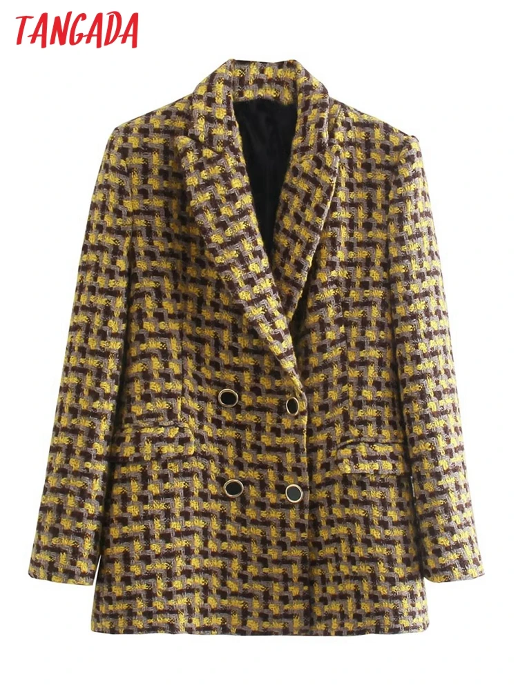 

Tangada Women 2022 Leather Yellow Tweed Blazer Female Long Sleeve Elegant Jacket Ladies Thick Blazer Suits QD157