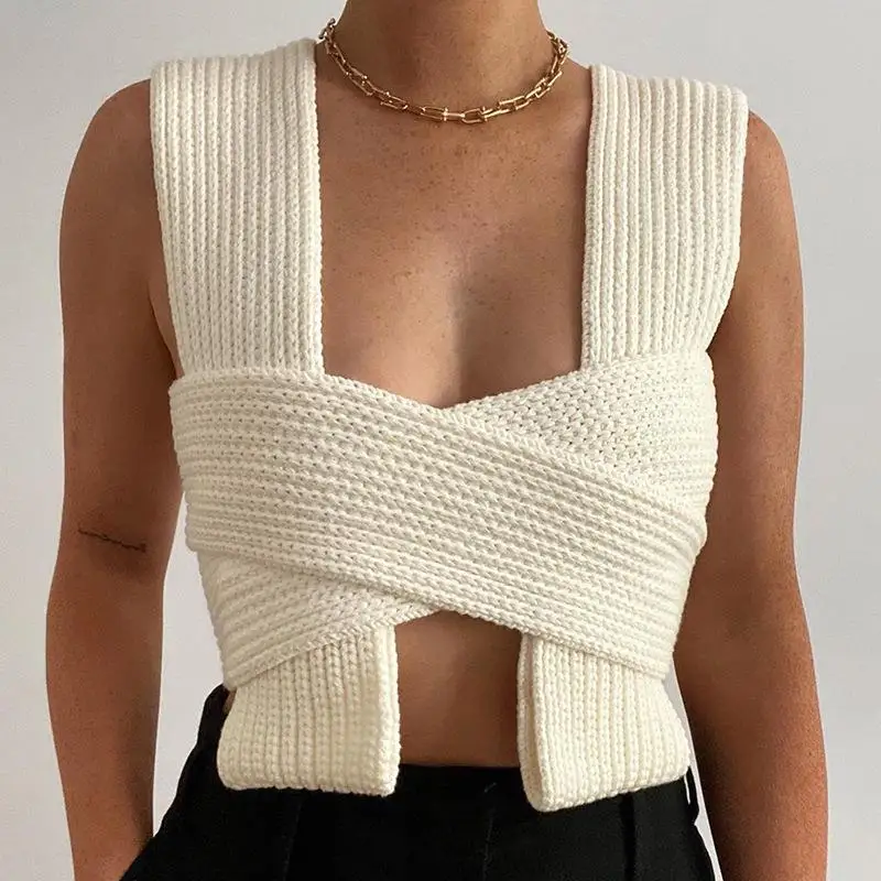 

Fashion 2021 Autumn New European and American Sweater DIY Style Tide Cross Coarse Knit Top Sexy Sling Solid Color Vest Women