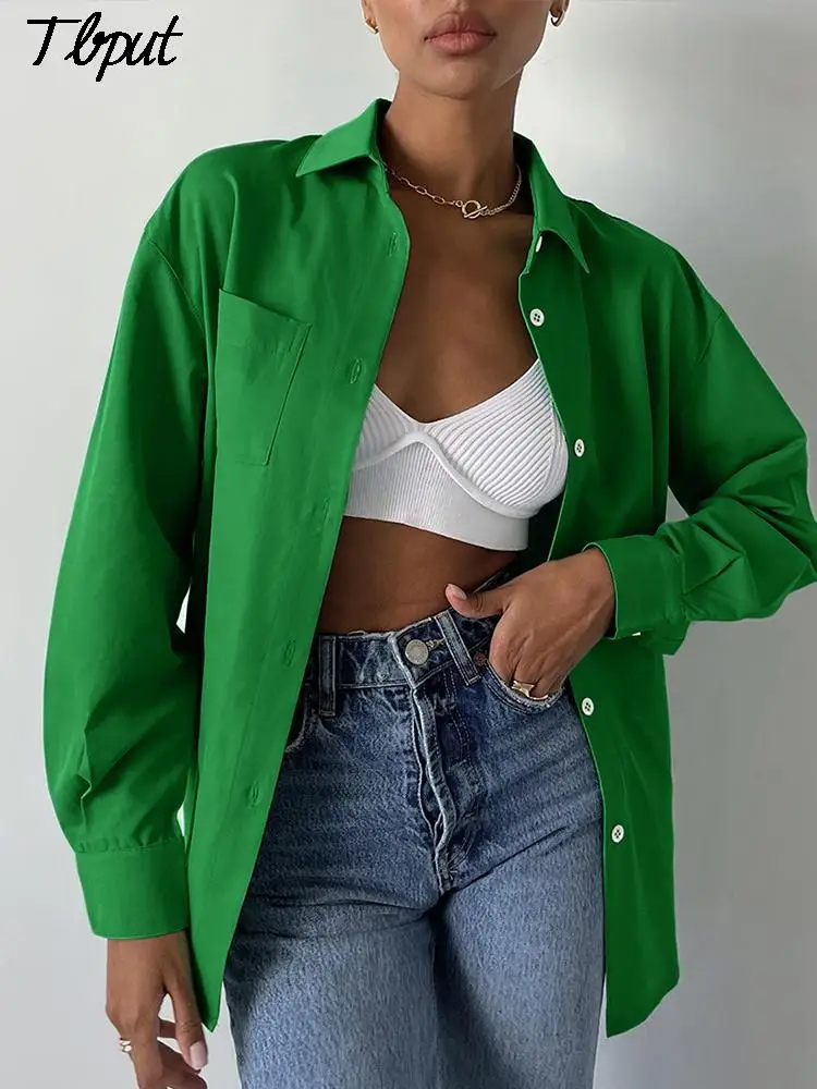 

Women's Long Sleeve Temperament Solid Mid-Length Casual Shirts Lady Simple Chic White Single-breasted With Pockets Loose Shirts