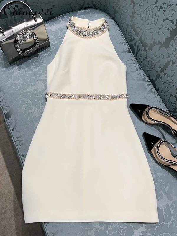 2022 Summer Dresses New Exquisite Rhinestone Halter Short Sexy Sleeveless Dress High Waist Slimming Elegant Dress for Women