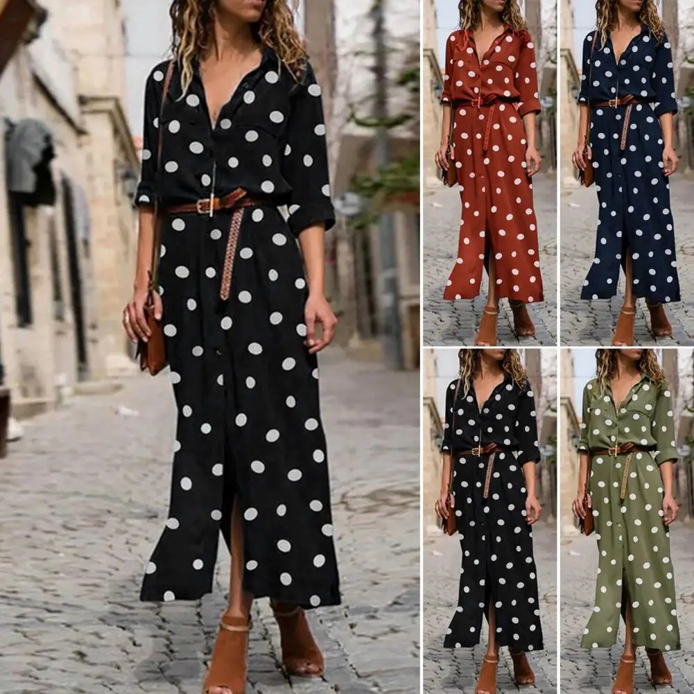 

Turn-Down Collar Long Sleeve Maxi Dress Loose Dot Print Single Breasted Shirt Dress Ladies Clothing