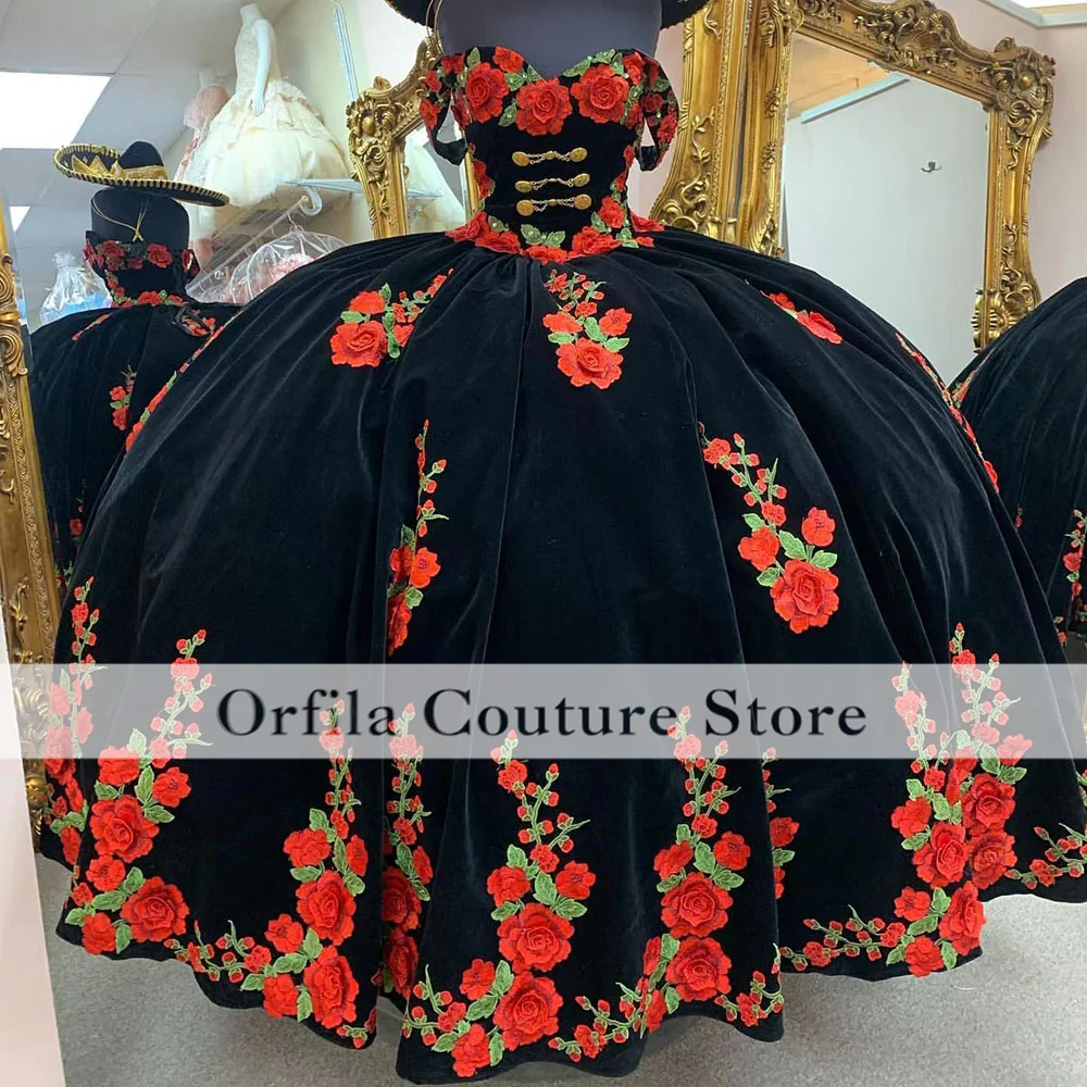 Фото Платья с вышивкой Charro Quinceanera 2023 мексиканские платья с открытыми плечами 15 лет с открытой спиной милое 16-летнее платье №3