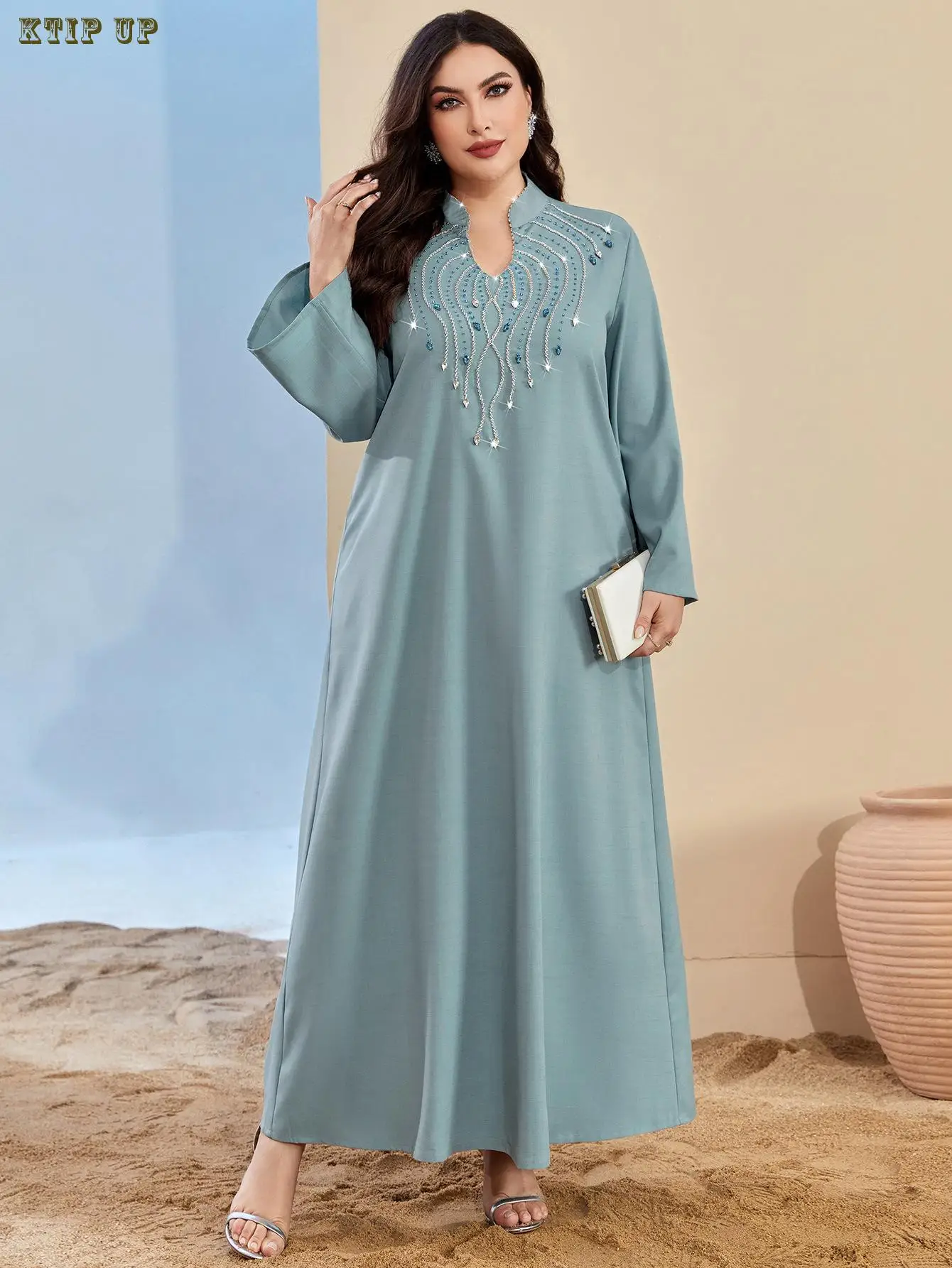 

Марокканское женское платье, мусульманское, абайя с воротником-стойкой, модные, Дубай, Абайи со стразами, элегантное платье, платья, платье из Турции