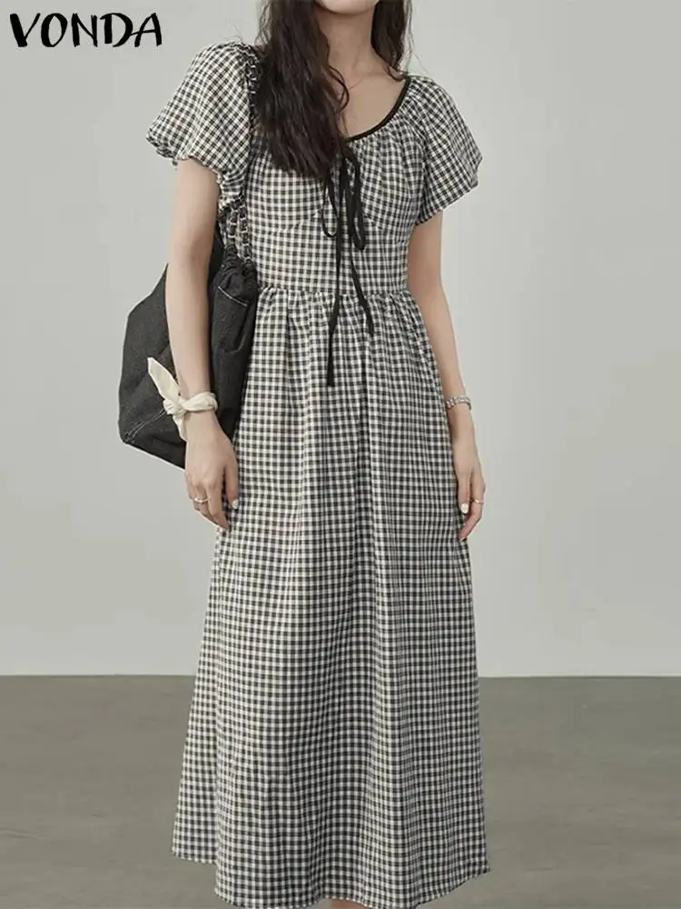 

Модный сарафан VONDA 2023, женское клетчатое платье с коротким рукавом и V-образным вырезом, летнее повседневное Бандажное богемное элегантное свободное миди-платье